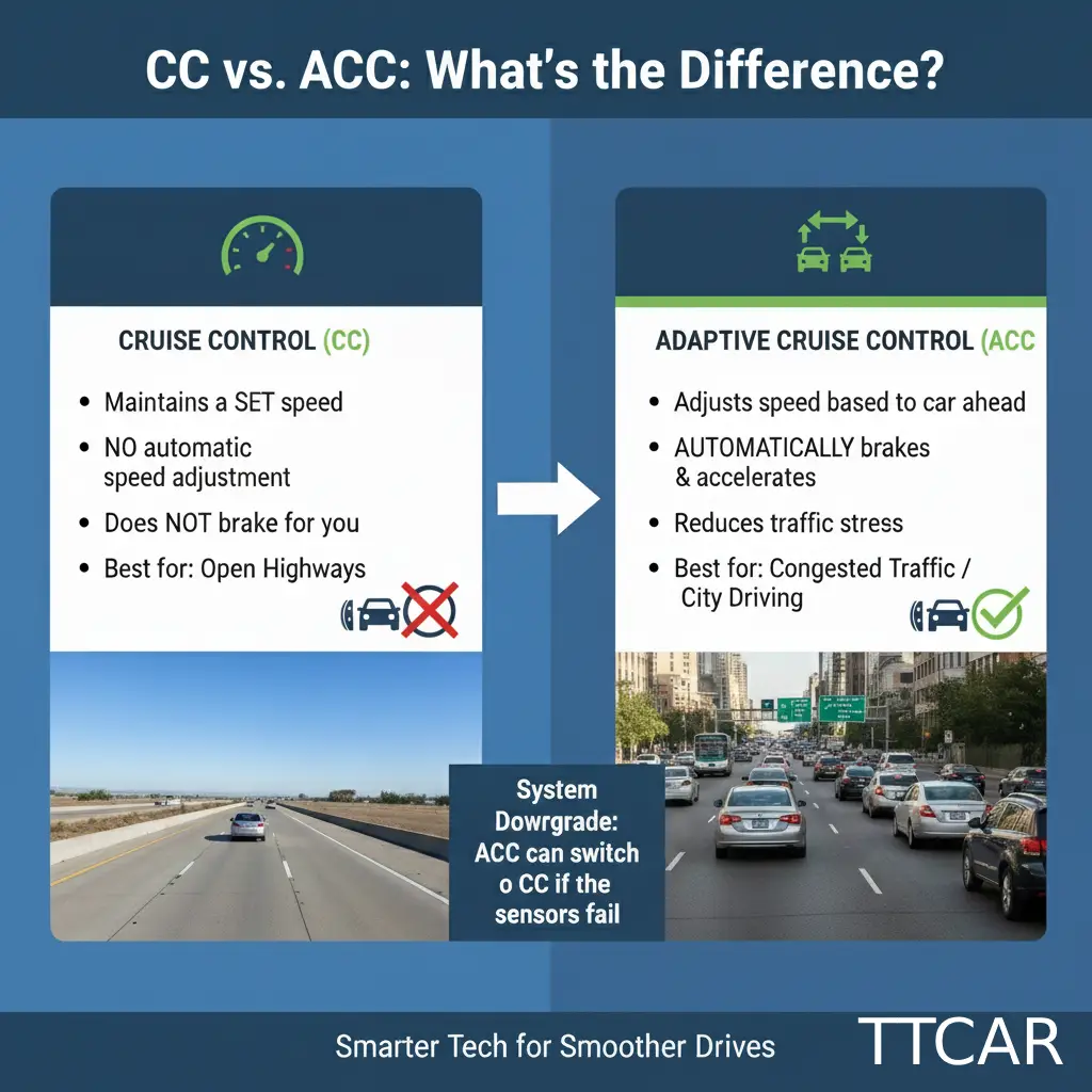 What is the difference between Cruise Control（CC） and Adaptive Cruise Control（ACC）?